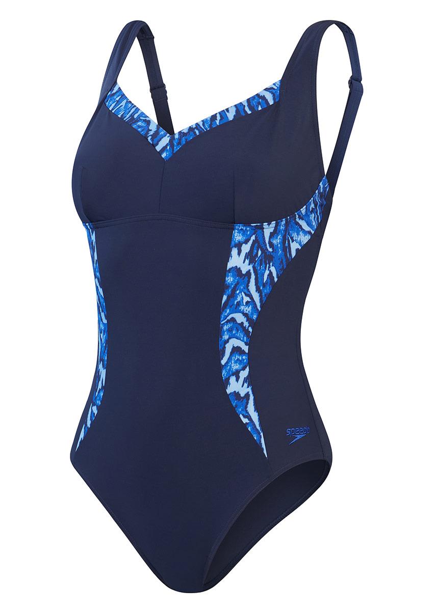 Front view of Speedo Shaping Printed LunaElustre Swimsuit - Navy Blue / Blue