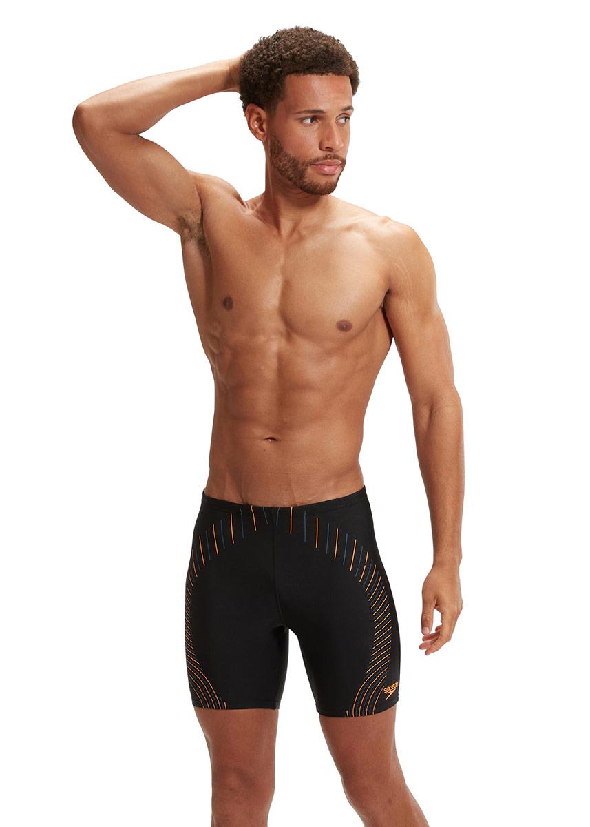 Speedo Mens Duo Logo Print Mid Jammer - Black / Orange-601450