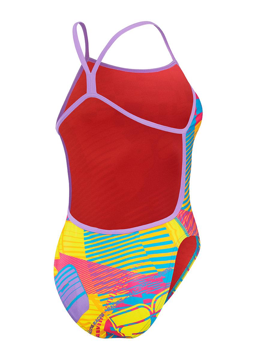 Speedo Womens Allover Digital Vback Rally Car Rumble Swimsuit - Pink / Yellow-601632