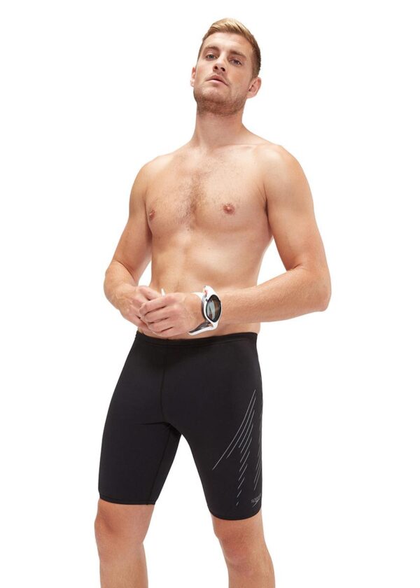 Front view of man wearing Speedo HyperBoom Placement Jammer - Black / Grey