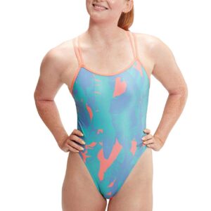 Woman with hands on hips wearing Speedo Allover Digital Starback Banana Leaf Swimsuit - Blue / Pink