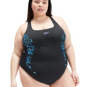 Front view of lady wearing Speedo Placement Medalist+ Swimsuit - Black / Blue