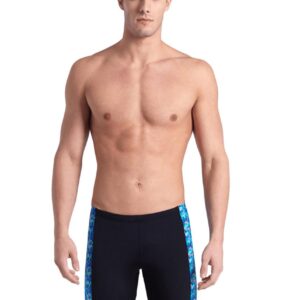 Man wearing Arena Pool Tiles Jammer - Black / Blue -Front view