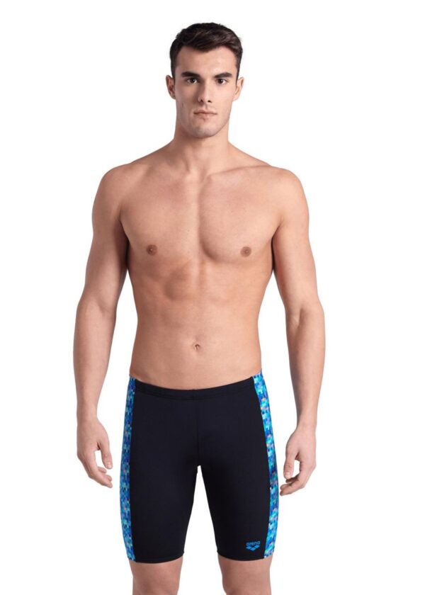 Man wearing Arena Pool Tiles Jammer - Black / Blue -Front view