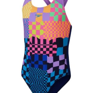 Speedo Girls Digital Placement Splashback Swimsuit - Navy / Purple - Front view
