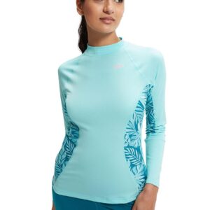 Front view of lady wearing Speedo Womens Printed Long Sleeve Rash Top - Blue