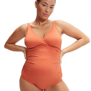 Speedo V-Neck Maternity U-Back Swimsuit - Brown / Orange - Front view