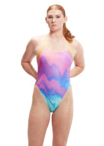 Speedo Womens Allover Digital Tie Back Pastel Ripples Swimsuit - Pink / Blue