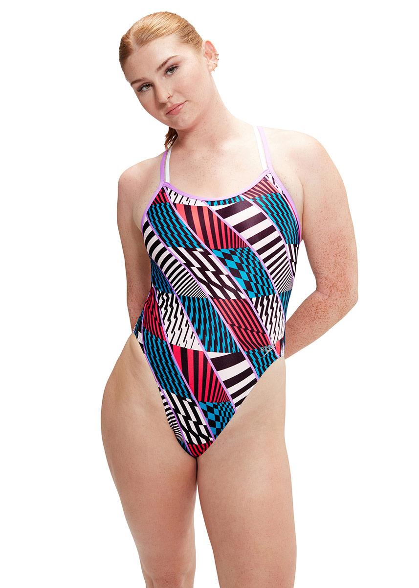 Front view of lady wearing Speedo Allover Digital Starback Swimsuit - Red / Blue
