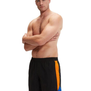 Man with arms crossed wearing Speedo HyperBoom Splice 16" Watershort - Black / Mandarin / Cobalt
