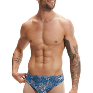 Man smiling looking towards his left wearing Speedo 5 cm Escape Brief - Blue / White