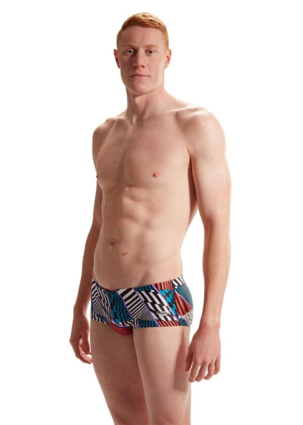 Man wearing Speedo 13.5 cm Club Training Allover Revs and Reps Brief - Black / White / Watermelon / Purple - Front view