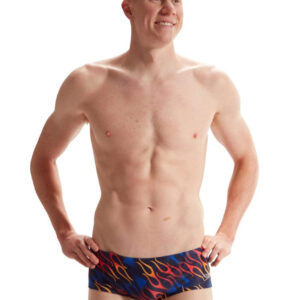 Man wearing Speedo 13.5 cm Club Training Allover Flaming Wheels Brief - Blue / Watermelon / Mandarin - Front view