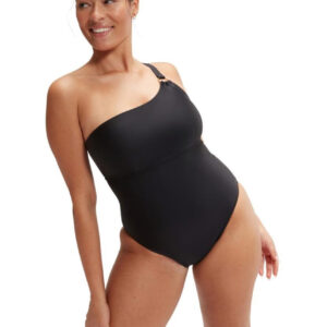 Woman smiling wearing Speedo Shaping Asymmetric Swimsuit - Black