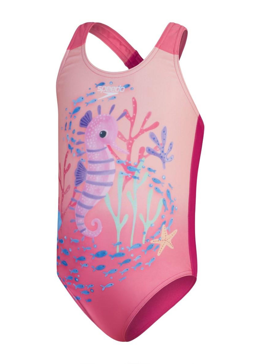 Speedo Girls Digital Printed Swimsuit - Pink / Coral