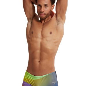 Man wearing Speedo Allover Digi 14 cm Brief - Black / Purple with hands folded over the head