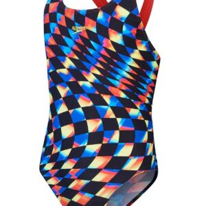 Speedo Girls Digital Allover Leaderback Swimsuit - Black / Red - Front view