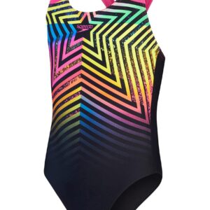 Speedo Girls Digital Placement Splashback Swimsuit - Black / Pink - Front view