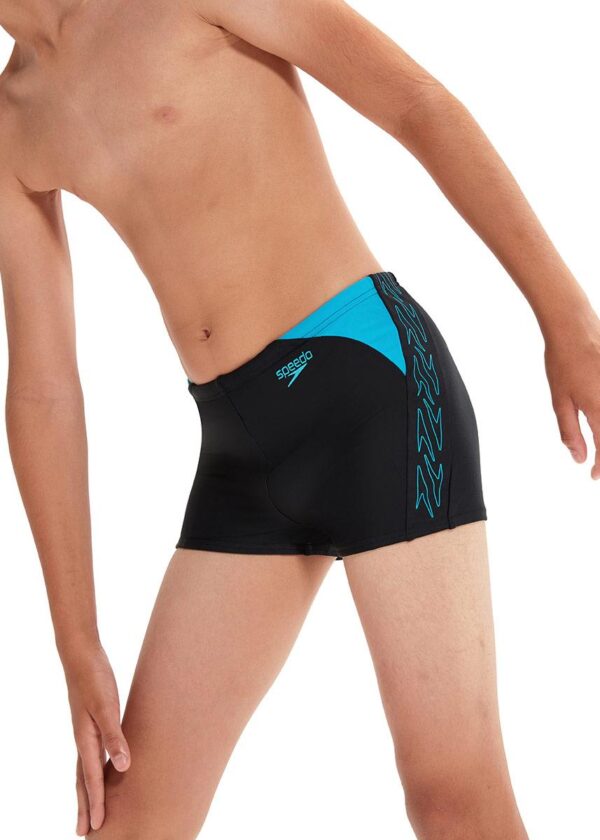 Boy bending wearing Speedo Boys HyperBoom Splice Aquashort - Black / Blue