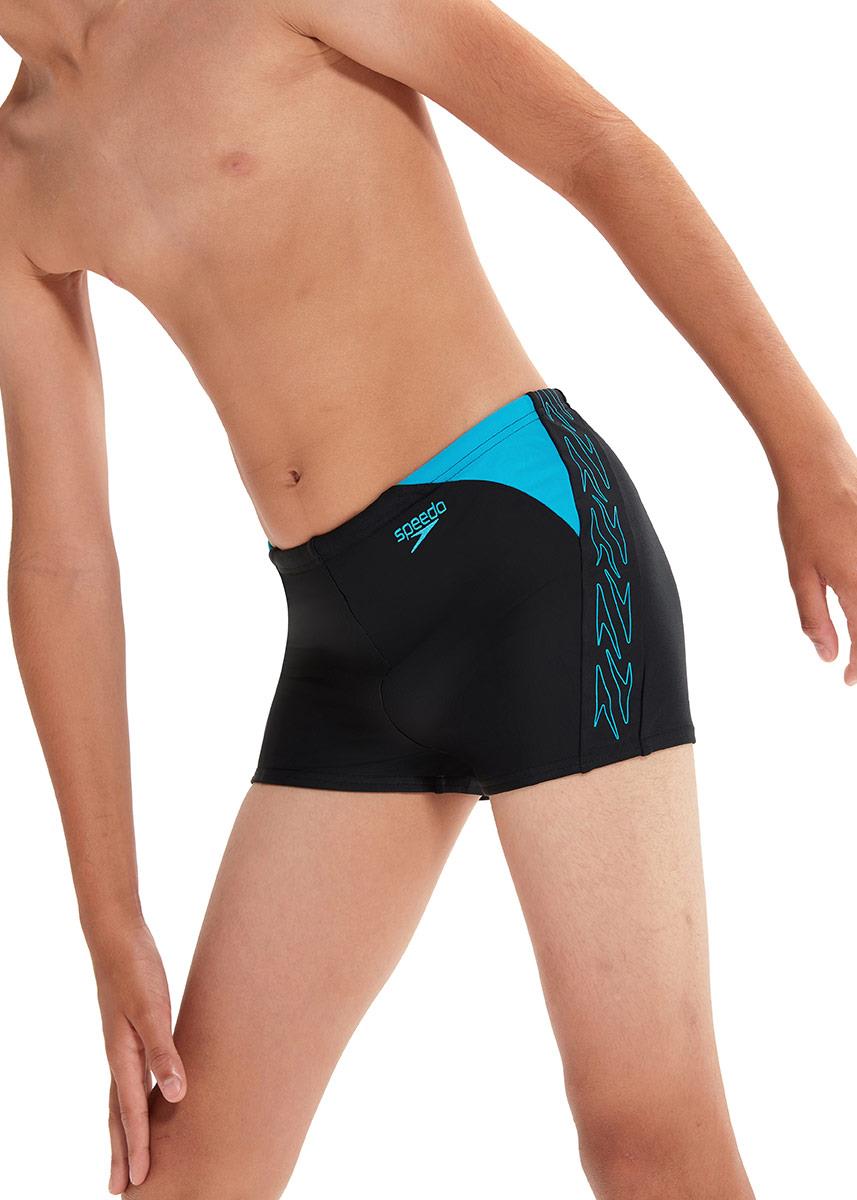 Boy bending wearing Speedo Boys HyperBoom Splice Aquashort - Black / Blue