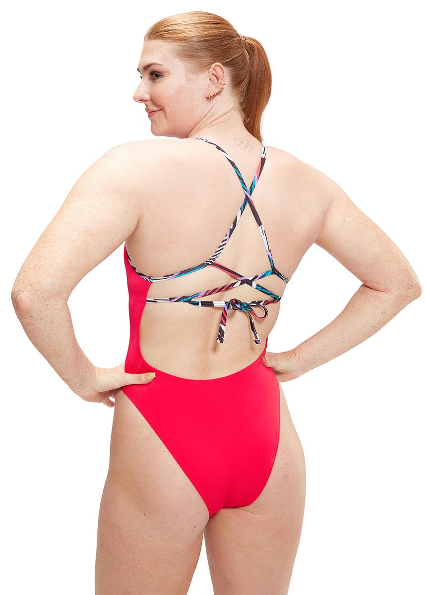 Speedo Womens Solid Lattice Tie-Back Swimsuit - Red / Blue-brand