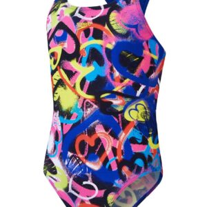 Speedo Girls Digital Allover Powerback Swimsuit - Pink / Blue -Front view