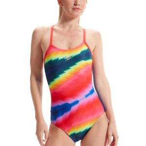 Front view of woman wearing Speedo Allover Fixed Crossback Swimsuit - Blue / Pink