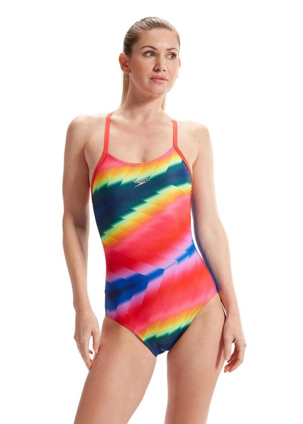 Front view of woman wearing Speedo Allover Fixed Crossback Swimsuit - Blue / Pink