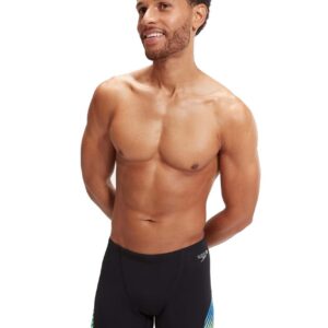 Man with hands held back wearing Speedo Allover Digi V-Cut Aquashort - Black / Cobalt