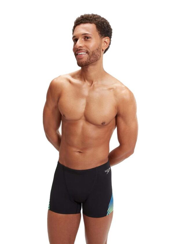 Man with hands held back wearing Speedo Allover Digi V-Cut Aquashort - Black / Cobalt