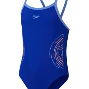 Speedo Girls Plastisol Placement Thinstrap Muscleback Swimsuit - Blue / Pink - Front view