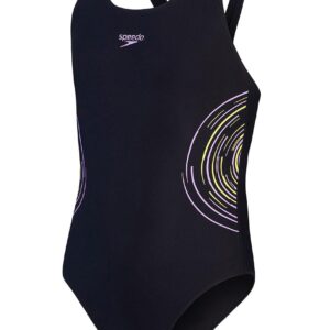 Speedo Girls Placement Muscleback Swimsuit - Black / Purple - Front view