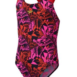 Speedo Girls Digital Allover Splashback Swimsuit - Black / Pink - Front view