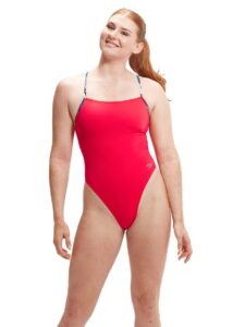 Speedo Womens Solid Lattice Tie-Back Swimsuit - Red / Blue