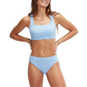 Lady smiling wearing Speedo Textured Deep U-Back Swim Bikini - Blue