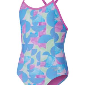Front Speedo Girls Allover Digital Vback Swimsuit - Pink / Blue