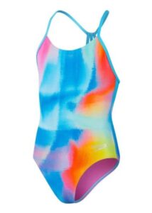 Speedo Girls Allover Lane Line Back Swimsuit - Kiki Pink/Lemon Drizzle/Picton Blue
