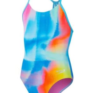 Speedo Girls Allover Lane Line Back Swimsuit - Kiki Pink/Lemon Drizzle/Picton Blue-0