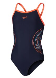 Speedo Girls Plastisol Placement Thinstrap Muscleback Swimsuit - Navy / Orange