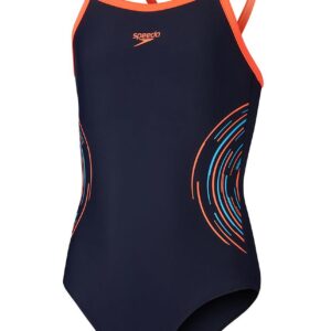 Speedo Girls Plastisol Placement Thinstrap Muscleback Swimsuit - Navy / Orange