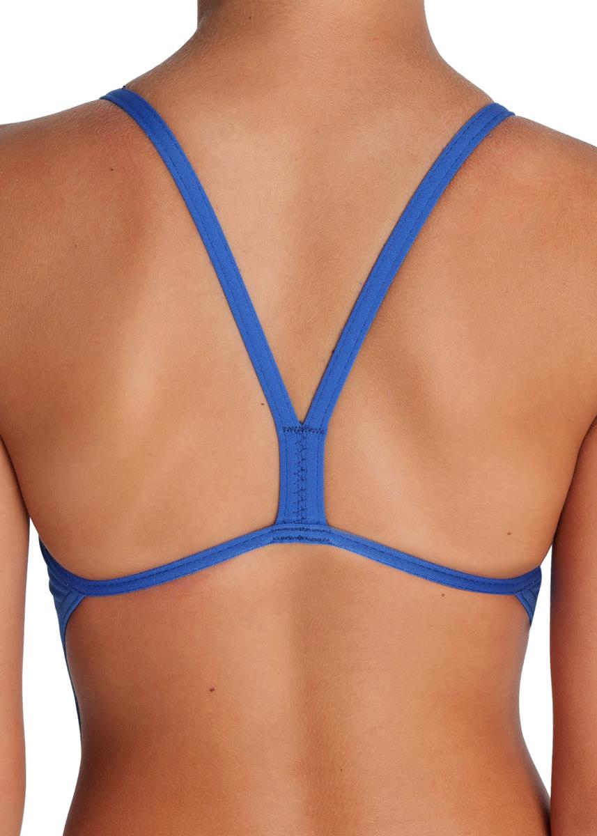 Close up view of backside of girl wearing Arena Girl's Team Challenge Back Solid Swimsuit - Royal/White