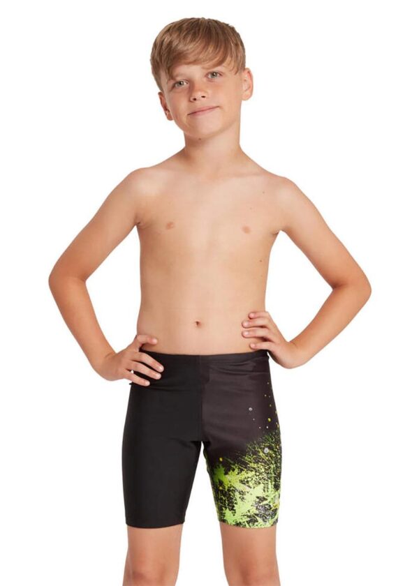 Front view of boy wearing Zoggs Boys Wired Mid Jammers - Lime