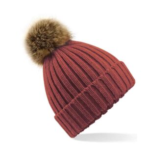 Beechfield Faux Fur Pop Pom Chunky Beanie - Orange Rust-0