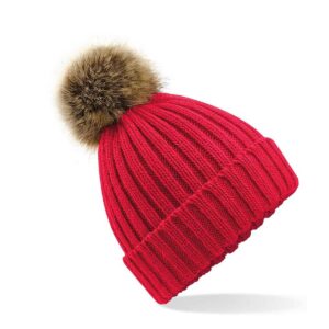 Beechfield Faux Fur Pop Pom Chunky Beanie - Classic Red