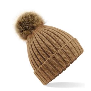 Beechfield Faux Fur Pop Pom Chunky Beanie - Mustard