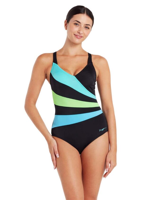 Zoggs Wrap Panel Classicback Swimsuit - Black / Green