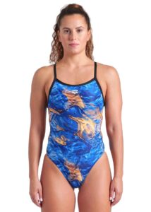 Arena Womens Gold Leaves Challenge Back Swimsuit - Blue / Multi / Black
