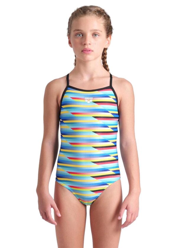 Arena Girls Racing Stripe Lightdrop Back Swimsuits - Multi / Black