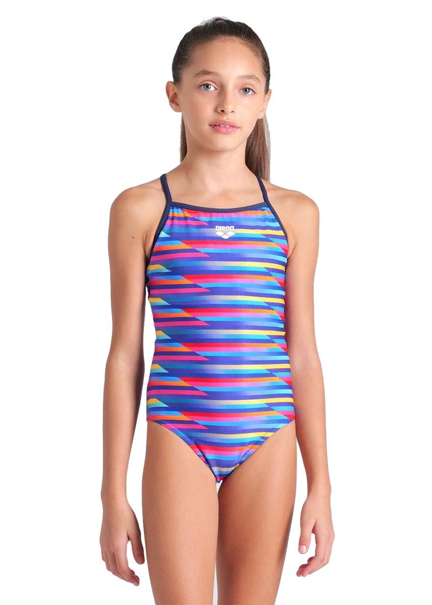 Arena Girls Racing Stripe Lightdrop Back Swimsuit - Multi / Navy-627056