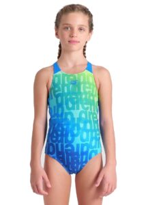 Arena Girls Multi Colours V Back Swimsuits - Blue River / Multi